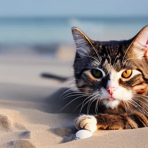 Prompt: cat smoking a cigarette on the beach