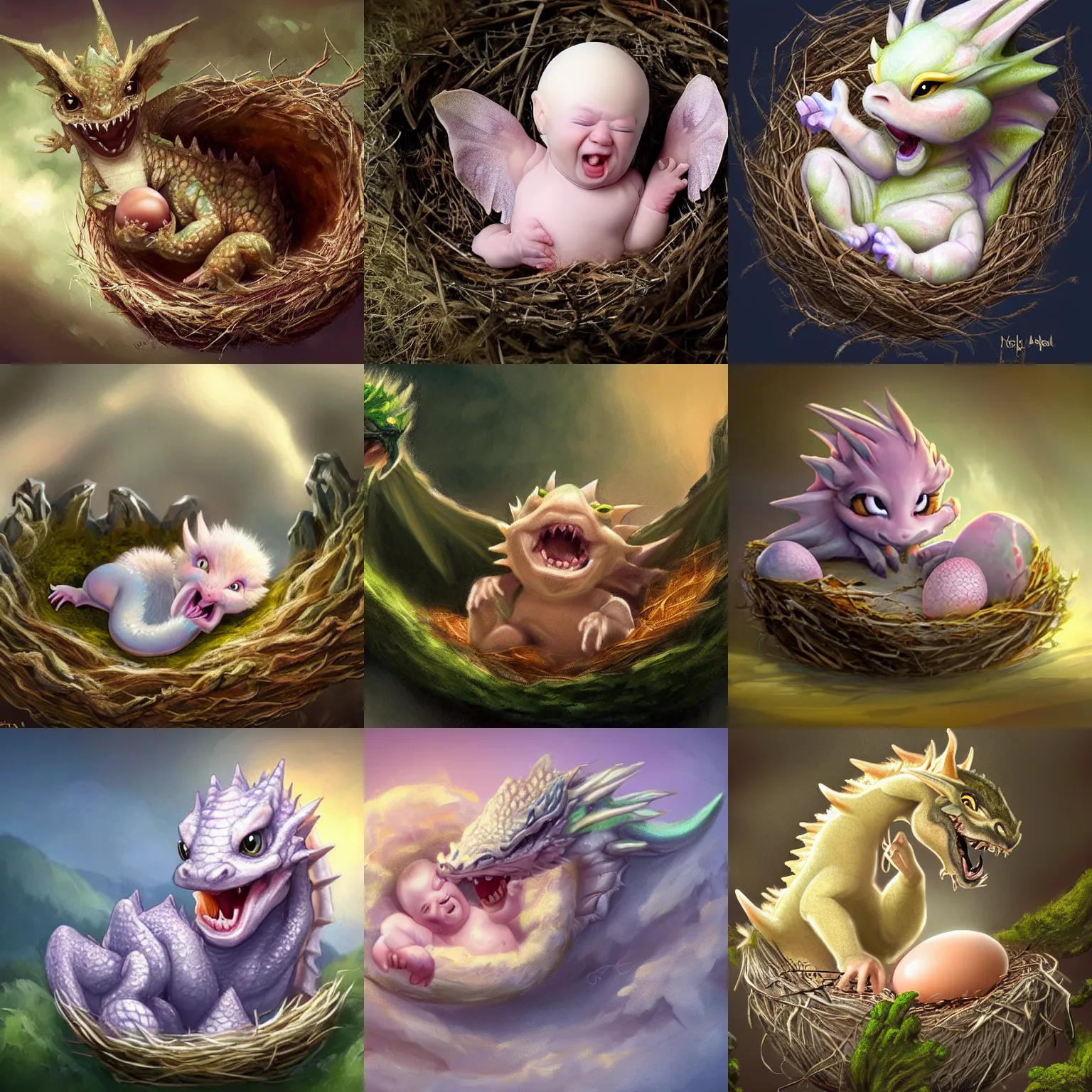 Prompt: a young baby dragon yawning and wearing a cracked eggshell on its head, newly hatched dragon, very cute, baby dragon in its nest, very tiny, adorable, pastel colors, award-winning fantasy digital art, very very very beautiful