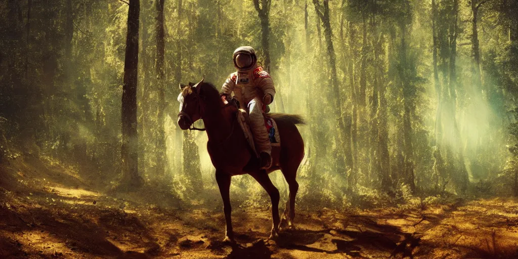 Image similar to american astronaut, riding a horse in a forest, plants environment, wide angle, cinematic lighting, atmospheric, realistic, octane render, highly detailed, color graded, in the style of craig mullins