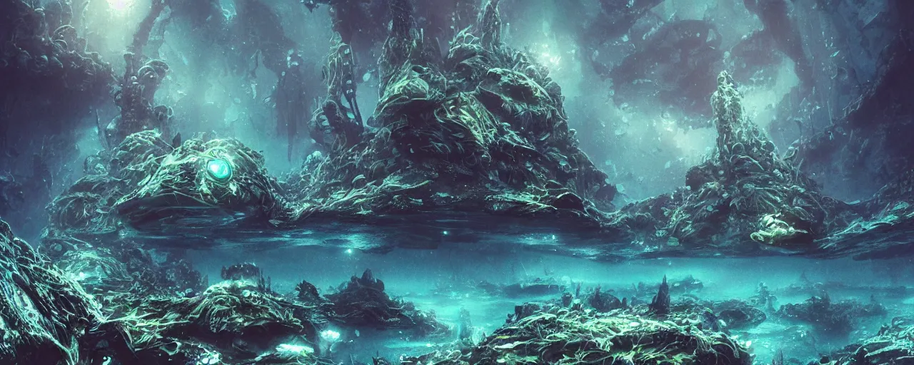 Image similar to ” underwater alien landscape, [ organic, liquid, cinematic, detailed, epic, widescreen, opening, establishing, mattepainting, photorealistic, realistic textures, octane render, art by slop and paul lehr ] ”