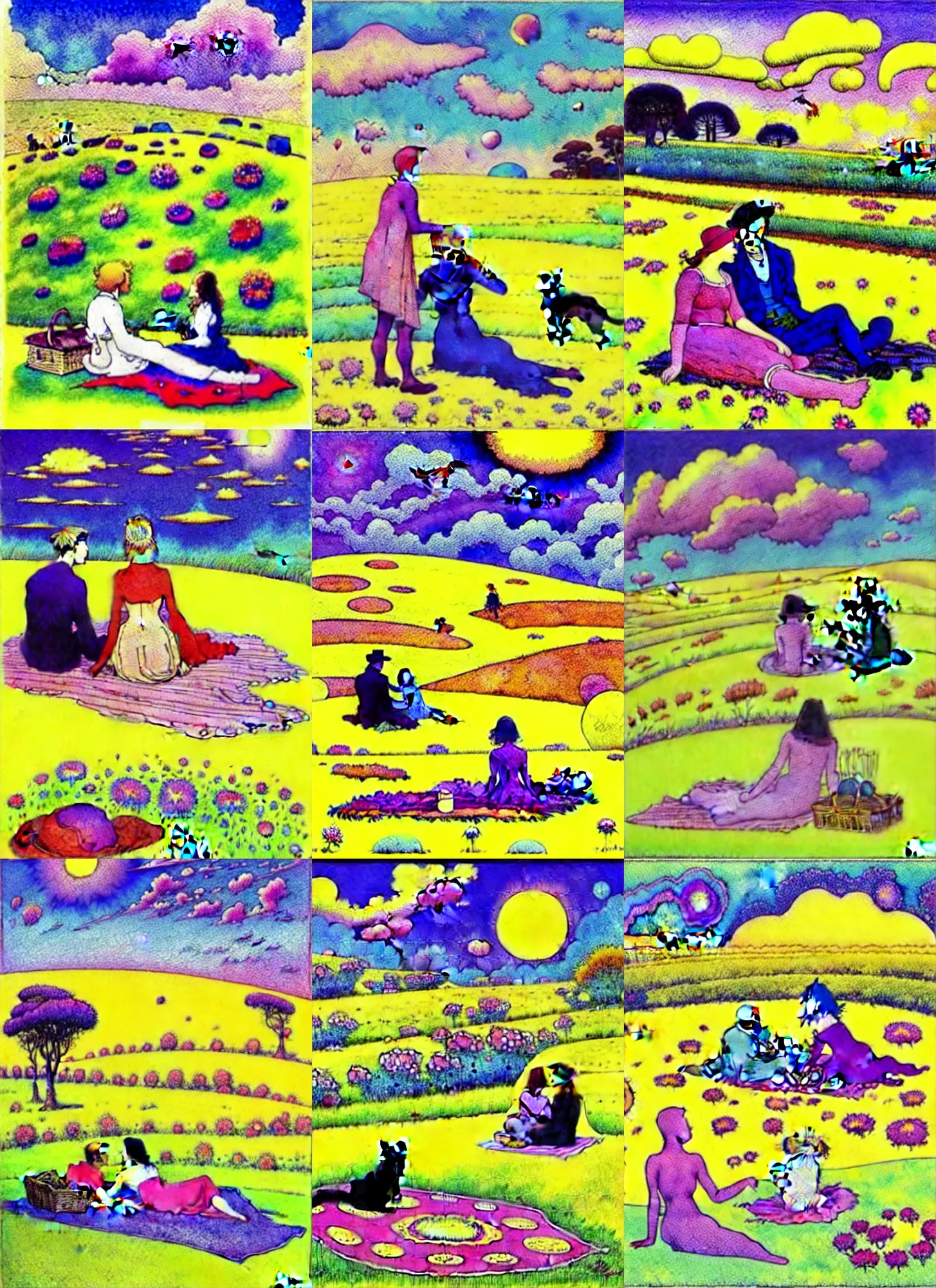 Image similar to late morning picnic scene in nature, a couple in love, fields of colorful flowers, clouds, a sleeping cat, by moebius, by jean henri gaston giraud, by jean gir, in the style of the world of edena by moebius, psychedelic fantasy and surrealism, watercolor with perfect pen outlines