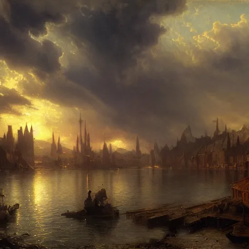 Prompt: detailed painting of lake town from lord of the rings retroscifi interior, volumetrics lights, beam of bright lights through the clouds, andreas achenbach