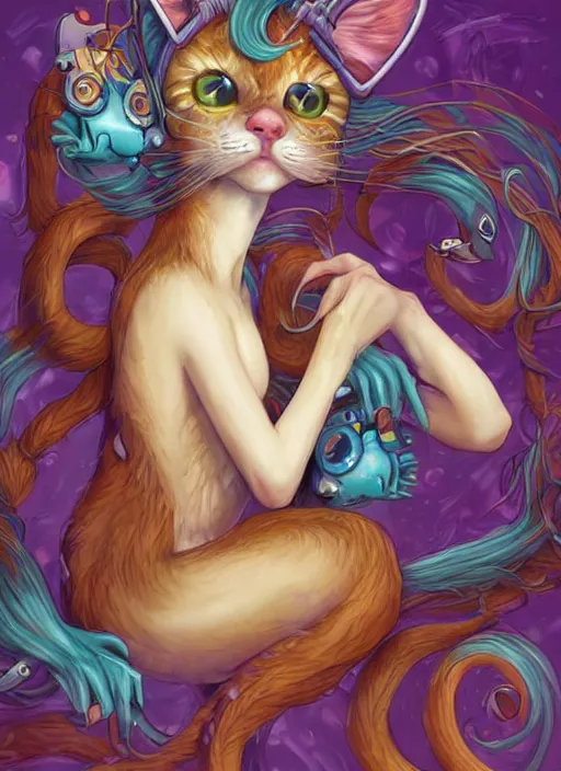 Prompt: cat seahorse fursona wearing headphones, autistic bisexual graphic designer and musician, long haired attractive androgynous humanoid, coherent detailed character design, weirdcore voidpunk digital art by artgerm, akihiko yoshida, louis wain, wlop, noah bradley, furaffinity, cgsociety, trending on deviantart