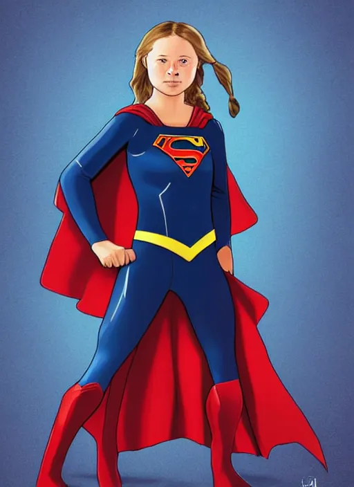 Image similar to greta thunberg as supergirl, detailed digital art, trending on Artstation