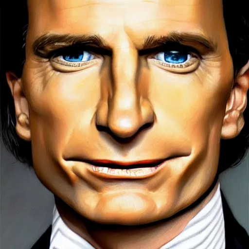 Image similar to Caricature portraits done of Patrick Bateman, realistic, hyperrealistic, very realistic, highly detailed, very detailed, extremely detailed, detailed, oil painting, digital art, trending on artstation