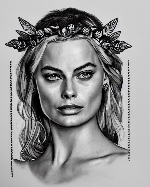 Image similar to realism tattoo sketch of margot robbie as a beautiful greek goddess aphrodite with piercing eyes wearing a laurel wreath and triangle earrings, in the style of greg rutkowski, amazing detail