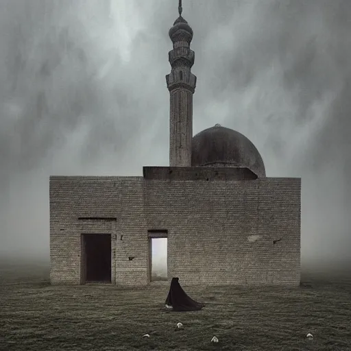 Image similar to a big mosque in a Village, horror, fog, foster, highly detailed, one house, fear, dark inside, dark mammatus cloud,hyper realistic, atmospheric lighting, beksinski