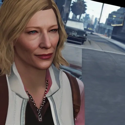 Image similar to cate blanchett as grand theft auto V character , gaming, detailed, 4k