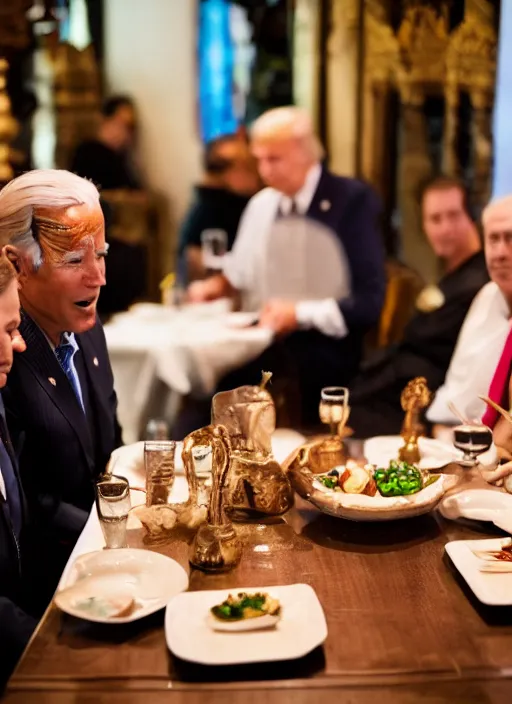 Image similar to Trump and Biden having dinner at a fancy Balinese restaurant, award winning photography, sigma 85mm Lens F/1.4, blurred background, perfect faces