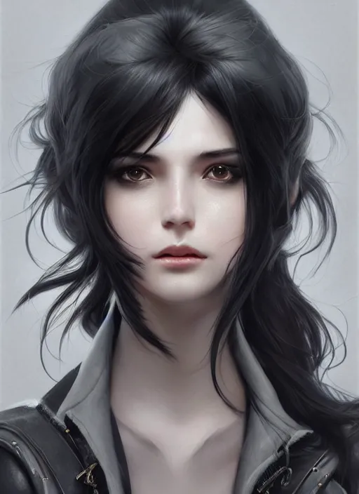 Prompt: beautiful black haired girl with gray wings, black jacket, black bra, highly detailed, d & d, fantasy, highly detailed, digital painting, trending on artstation, concept art, sharp focus, illustration, art by artgerm and greg rutkowski and fuji choko and viktoria gavrilenko and hoang lap