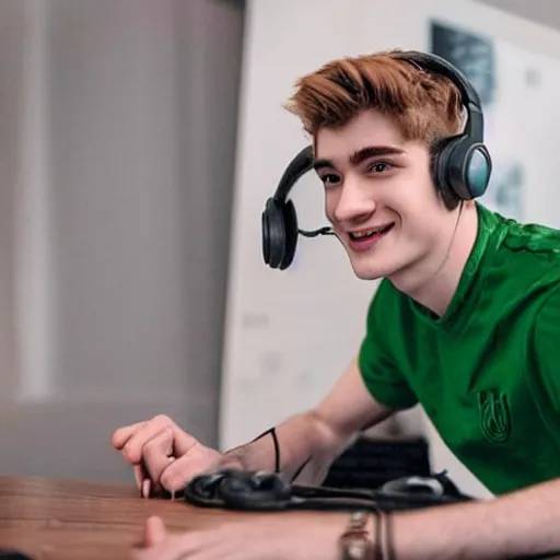 Image similar to “a realistic detailed photo of a guy who is an attractive humanoid who is half robot and half humanoid, who is a male android, twitch streamer Ninja Tyler Blevins, shiny skin, posing like a statue, blank stare, with gaming headphones on”