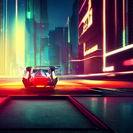 Image similar to digital art of a futuristic neon city sharp photorealistic octane render, bokeh in the background only, a in focus sharp flying car hover in the foreground