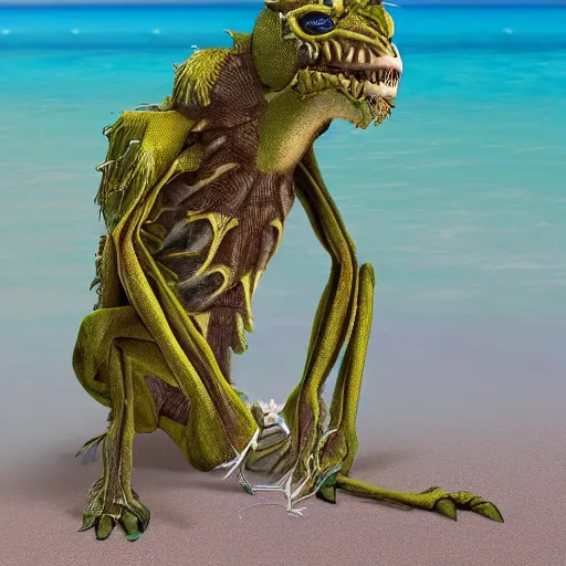 Image similar to a vortigaunt hanging out on a beach in the caribbean