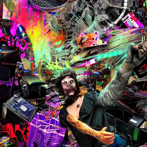 Image similar to a photograph datamoshing moshpit trader trash, weird, argentic, dust and scratches, by Jon Rafman