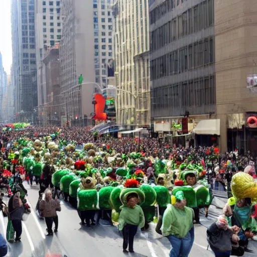 Image similar to a parade of stuffed fruits and vegetables marching down 5 th ave manhattan on st. patrick's day, 8 k, photo realistic, extremely life like