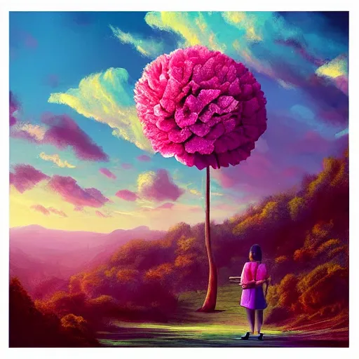 Image similar to giant carnation flower as a head, girl hiking in a lush valley, surreal photography, sunrise, dramatic light, impressionist painting, colorful clouds, digital painting, artstation, simon stalenhag