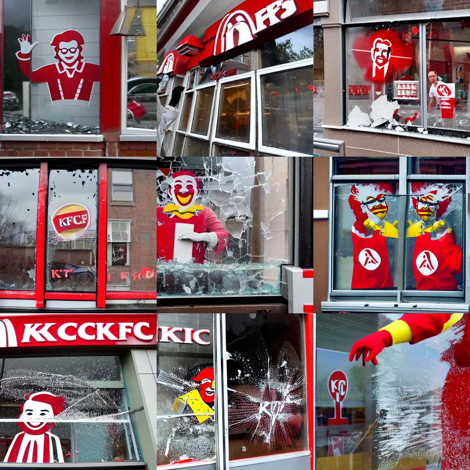 Prompt: Ronald McDonald smashing the window of KFC fast food shop, broken glass, shattering, broken window, KFC sign