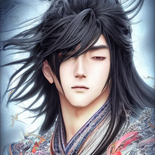 Image similar to an immortal xianxia cultivator with long black hair as an absurdly handsome, elegant, young anime man, ultrafine hyperrealistic detailed face illustration by kim jung gi, irakli nadar, intricate linework, sharp focus, bright colors, matte, gujian, final fantasy, unreal engine highly rendered, global illumination, radiant light, intricate environment