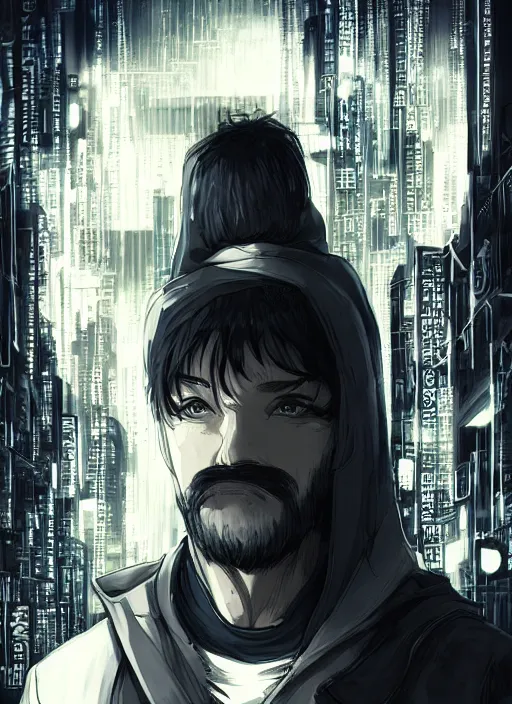 Image similar to manga cover, black-haired man wearing a black hoodie, stubble beard, thick eyebrows, short hair, intricate cyberpunk city, emotional lighting, character illustration by tatsuki fujimoto