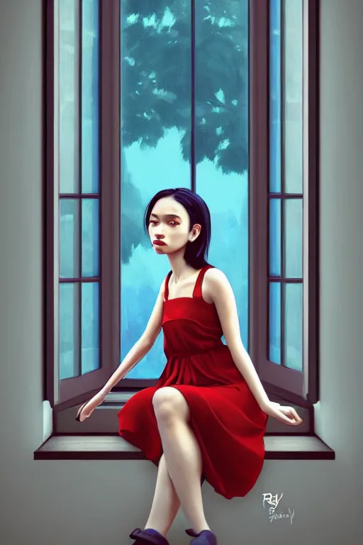 Prompt: joana sitting lookin at window composition : dynamic lighting, digital painting, center of interest, intricate, proportion, highly quality, balance, unity, extremely highly detailed. by bambang nurdianshyah ( details and background ) garis edelweiss ( lighting ) roby dwi antono ( character ) kira ayn varszegi ( dress )