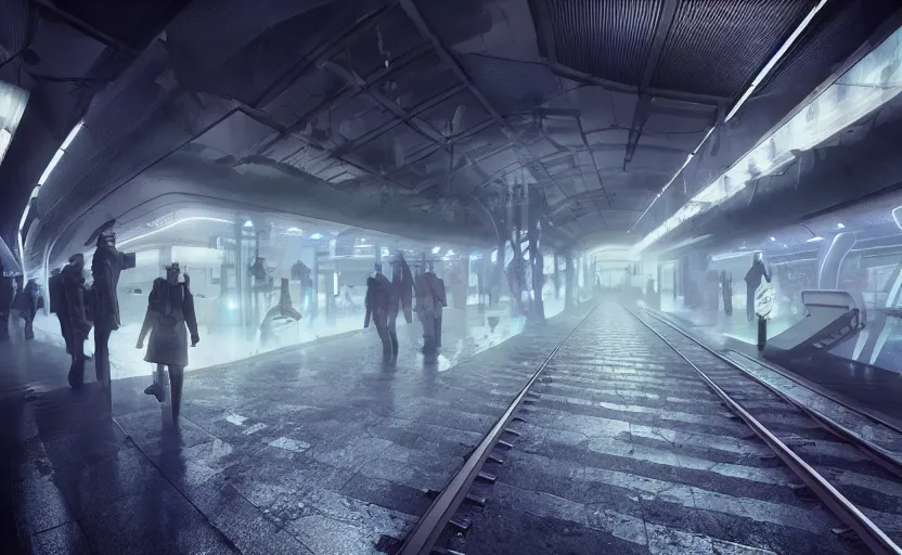 Image similar to Futuristic cyber subway station , gloomy and foggy atmosphere, octane render, artstation trending, horror scene, highly detailded