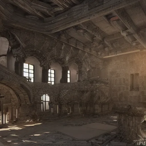 Prompt: ultra mega super hyper realistic Digital concept interior design of futuristic castle in mixed with medieval style. More cyberpunk less medieval. Natural white sunlight from the transperient roof. Rendered in VRAY and DaVinci Resolve and MAXWELL and LUMION 3D, Volumetric natural light