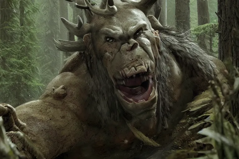 Image similar to vfx movie closeup detailed ancient warrior orc hunting elk in the forest, natural lighting by emmanuel lubezki