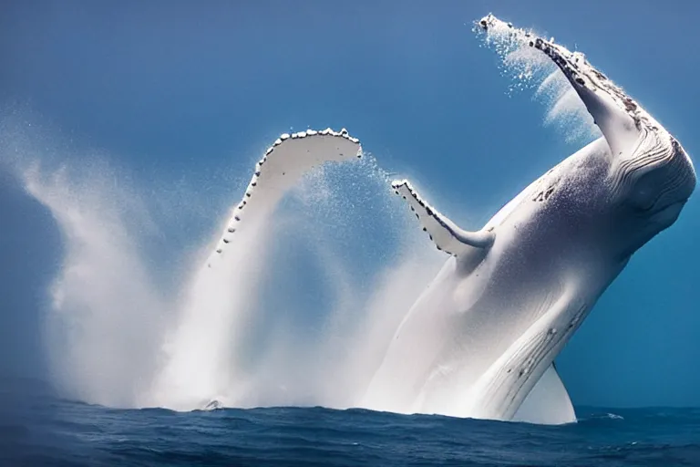 Image similar to underwater photography of a gigantic white whale jumping a wave at nazare