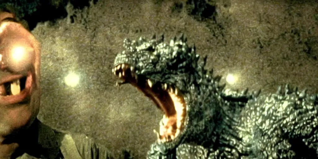 Image similar to a still from a movie, godzilla with human teeth being an idiot and laughing at a joke, real, weird, strange, funny