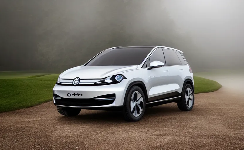 Prompt: the electric suv honma will release soon, outdoor product photography on a golf course, fog, very besautiful ambient light, sun rays