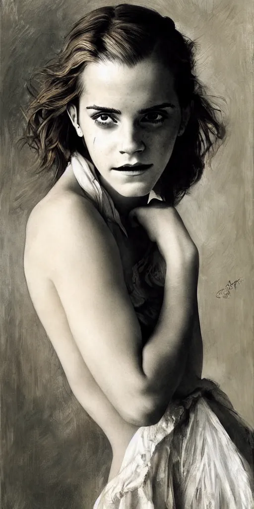 Image similar to emma watson smiling angry laughing crying sad weeping detailed portrait painting by gaston bussiere craig mullins j. c. leyendecker photograph by richard avedon peter lindbergh annie leibovitz