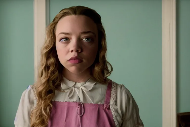 Image similar to wide-shot of Sydney Sweeney as the maid in a movie directed by Wes Anderson, symmetrical shot, idiosyncratic, relentlessly detailed, pastel colour palette, detailed perfect face, movie still frame, artstation, promotional image, imax 70mm footage