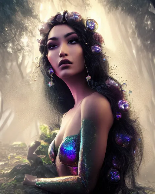 Image similar to beauteous sumptuous dark empress with incredible iridescent pearlescent voluminous hair, photo - realistic crystalline masterpiece incrustations, hyperdetailed kind face, elegant pose, movie still, cinematic forest lighting, intricate accuracy, octane render, cgsociety, artgerm, unreal engine, crepuscular rays, god rays