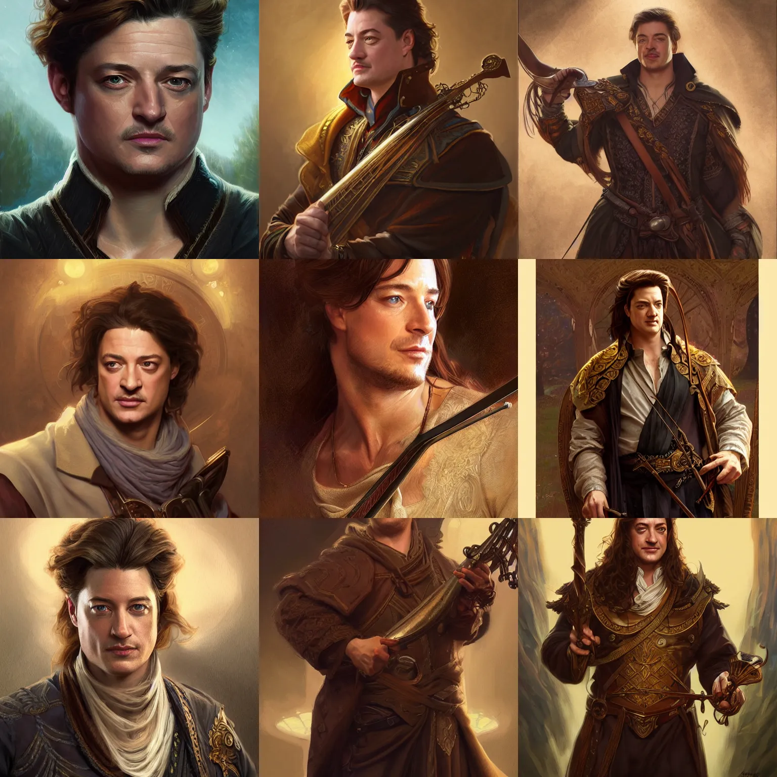 Prompt: male bard, brendan fraser, portrait, intricate, elegant, D&D, fantasy, highly detailed, digital painting, artstation, concept art, sharp focus, illustration, art by artgerm and greg rutkowski and alphonse mucha