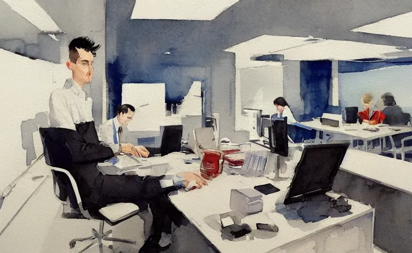 Image similar to concept art of a modern office life, pinterest, artstation trending, behance, watercolor, by coby whitmore *, silver, laser light *,