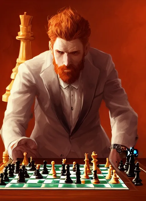 Image similar to a highly detailed illustration of short ginger haired man wearing white suit, dramatic holding chess piece pose, intricate, elegant, highly detailed, centered, digital painting, artstation, concept art, smooth, sharp focus, league of legends concept art, WLOP