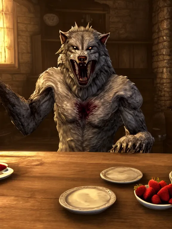 Image similar to cute handsome cuddly burly surly relaxed calm timid werewolf from van helsing sitting down at the breakfast table in the kitchen of a normal country home cooking having fun baking strawberry tart cakes unreal engine hyperreallistic render 8k character concept art masterpiece screenshot from the video game the Elder Scrolls V: Skyrim