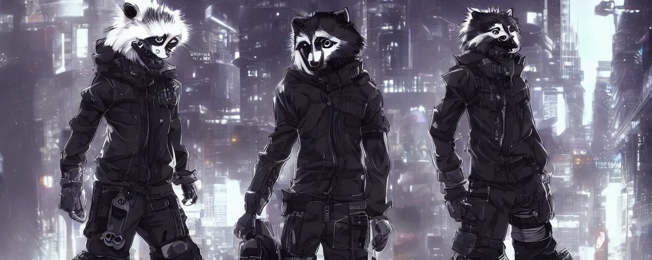 Prompt: a male anime cyberpunk raccoon wearing a heavy jacket and heavy black boots, character concept exploration, outfit designs, trending on artstation; clear silhouette, strong design