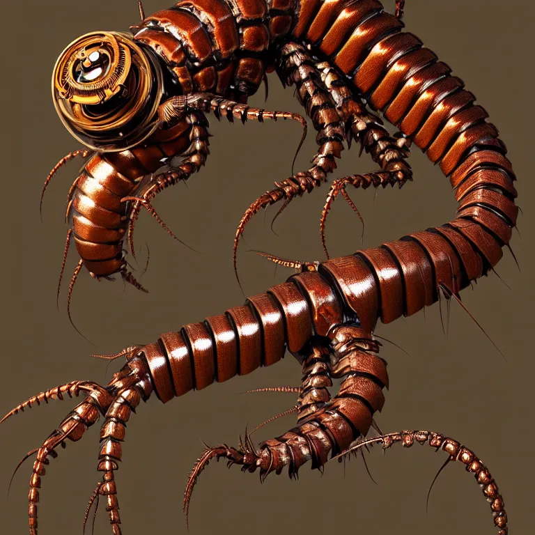 Image similar to steampunk cybernetic biomechanical scolopendra, 3 d model, unreal engine realistic render, 8 k, micro detail, intricate, elegant, highly detailed, centered, digital painting, artstation, smooth, sharp focus, illustration, artgerm, tomasz alen kopera, wlop
