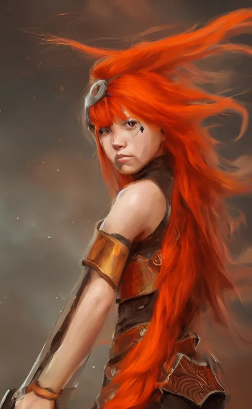 Image similar to young angry girl with orange hair, warrior dress, by Sam Yang , 4k, digital art, concept art, trending on artstation