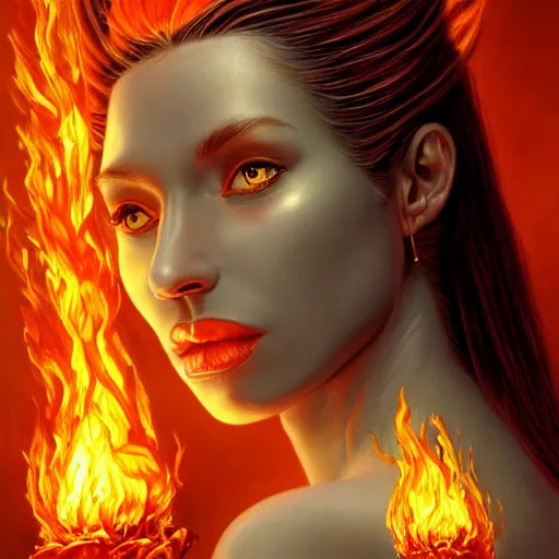 Image similar to A stunning portrait of a goddess with a body made of flames by Jim Burns, 8K UHD, intricate, fantasy, Trending on artstation.