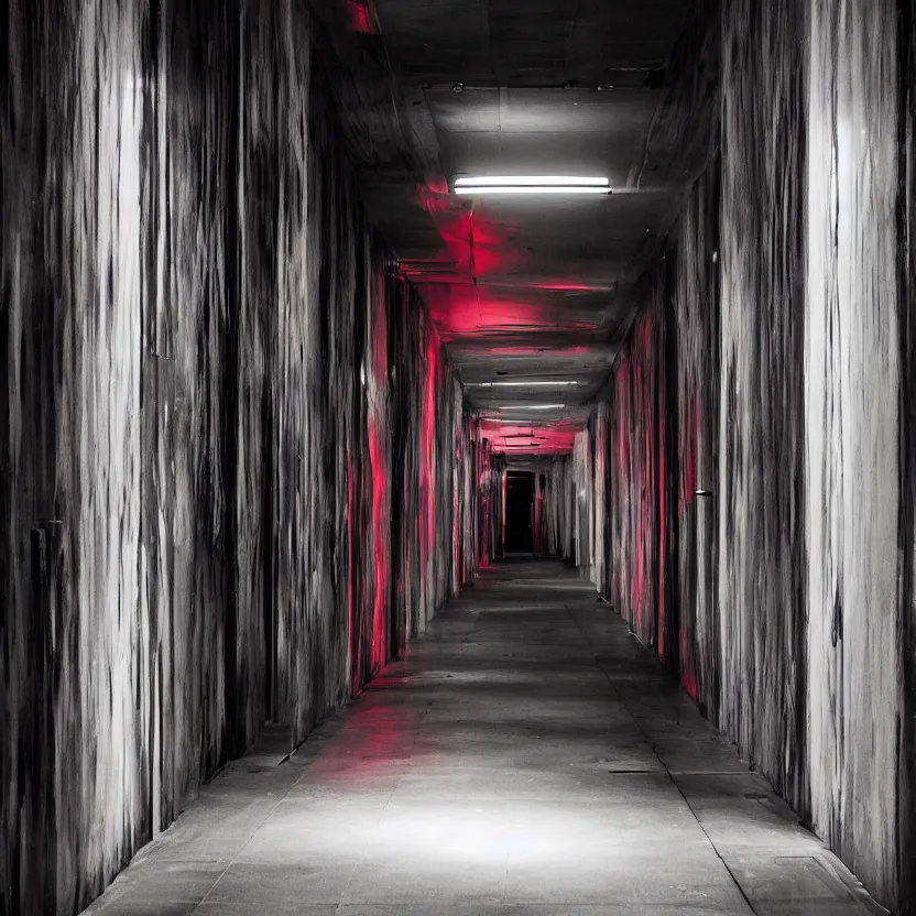 Image similar to spooky photo of a dark infinite hallway with open lit doorways all the way down, dramatic lighting, smoke, ceiling fluorescent lighting, black and red colour palette