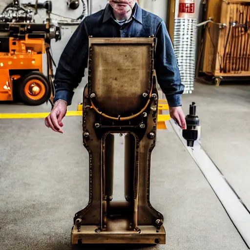 Prompt: A random pointless contraption industrial appliance pneumatic steampunk machine with no apparent purpose, being operated by a scholarly looking man with a clear directed gaze, XF IQ4, f/1.4, ISO 200, 1/160s, 8K, RAW, unedited, symmetrical balance, in-frame