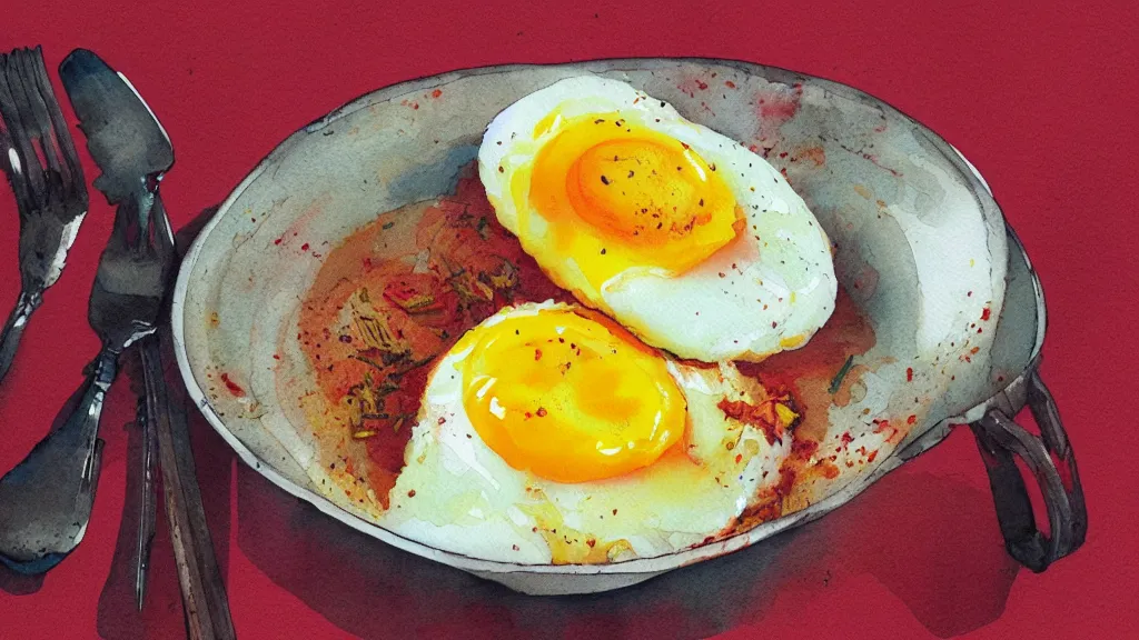 Prompt: delicious fried egg, soft yolk, kseniia yeromenko, rob duenas, watercolor, illustration, red background, highly detailed