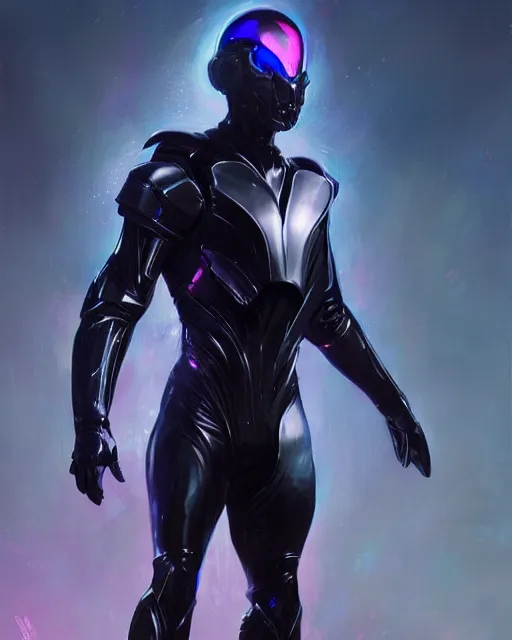 Image similar to character concept of iridescent sinewy smooth muscular male sleek glossy indigo black pearlescent scifi armor with smooth black faceless featureless helmet, by greg rutkowski, mark brookes, jim burns, tom bagshaw, magali villeneuve, trending on artstation