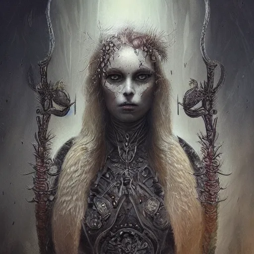 Prompt: curiosities soft paint of a single beautiful warrior in full gothic armor, stunning photorealist eyes, symmetry accurate features, eyeballs, vegetation tentacles, dense volumetric fog, focus, very intricate ultrafine details, gloomy colors, award winning masterpiece, tom bagshaw artstyle