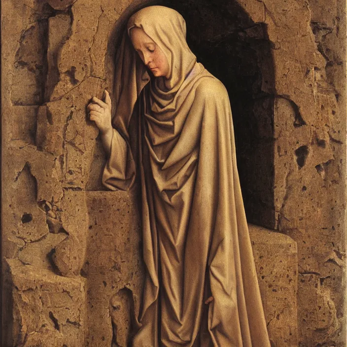 Image similar to a woman trapped in stone, by Jan van Eyck