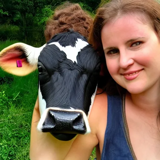 Prompt: a photo of young woman with cow's face