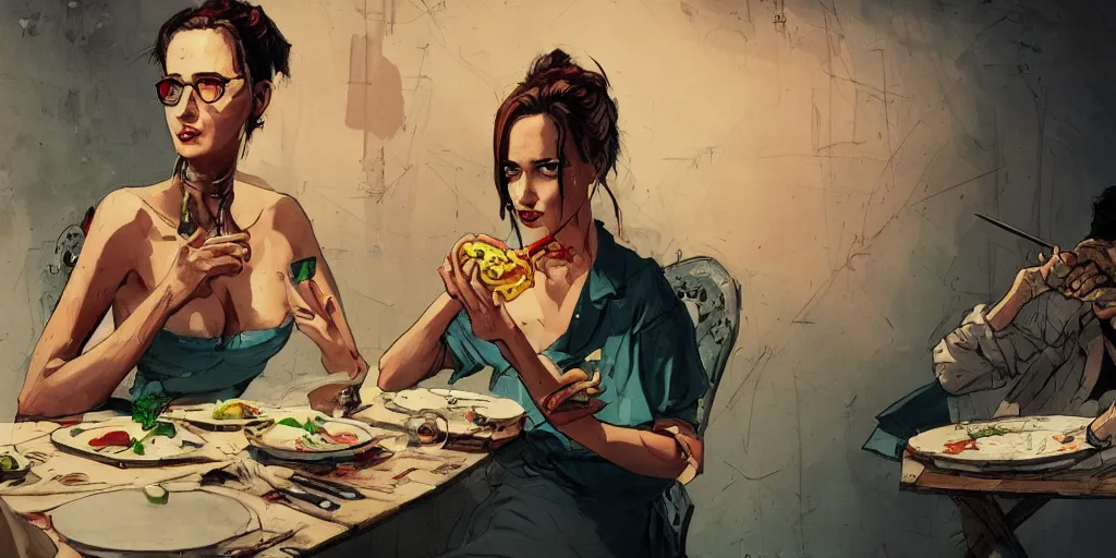 Image similar to cartoonish eva green eating dinner, vivid colors, character sheet, fine details, concept design, contrast, kim jung gi, greg rutkowski, enki bilal, trending on artstation, 8 k, full body, turnaround, front view, back view, ultra wide angle