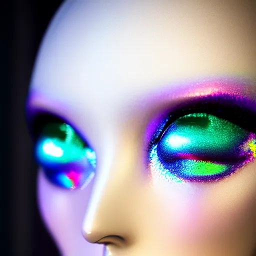 Image similar to photograph portrait of a beautiful alien, feminine, iridescent eyes, intricate detail, sigma 85mm f/1.4, 4k, depth of field